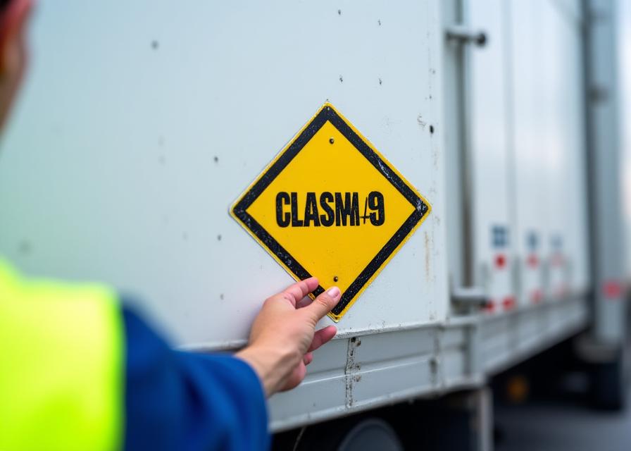 Mandujano Transportation specialist inspecting hazmat stickers on a freight truck