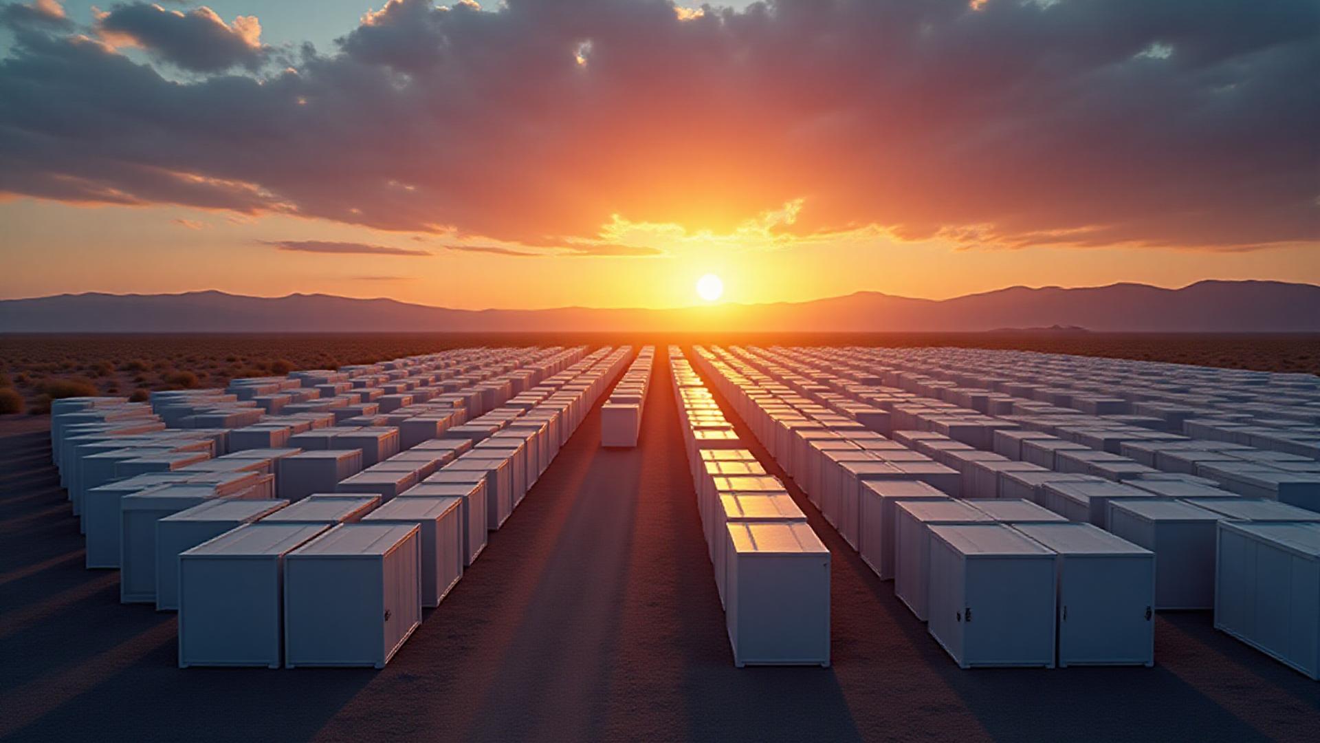 Large scale battery energy storage system at sunset in the Arizona desert