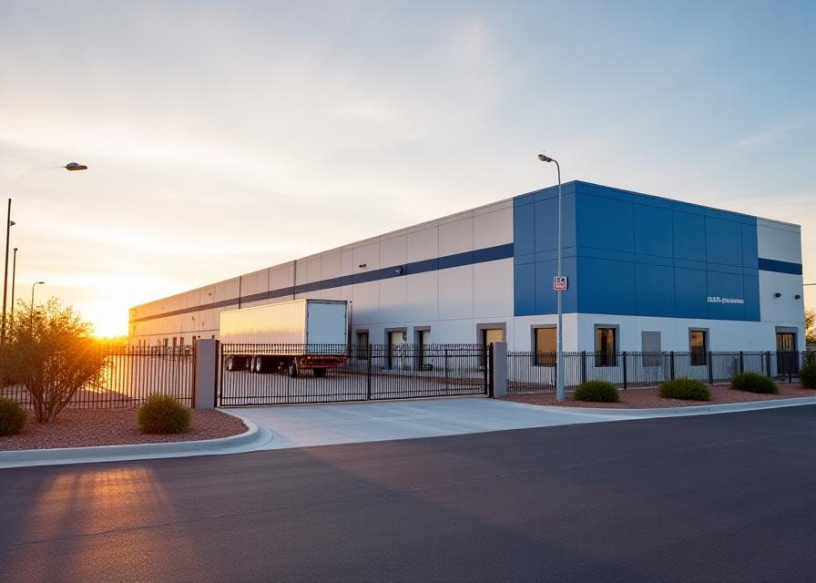 Mandujano Transportation warehouse facility exterior with loading docks and trucks