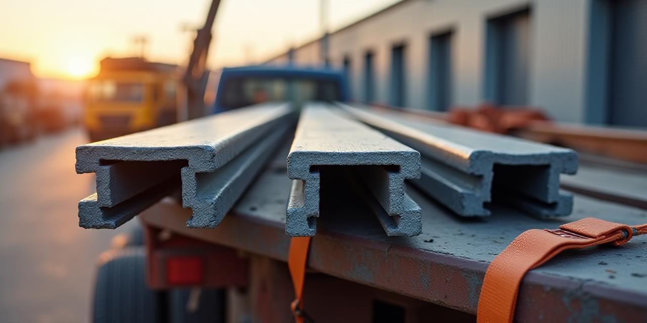 Flatbed truck transporting large structural steel beams