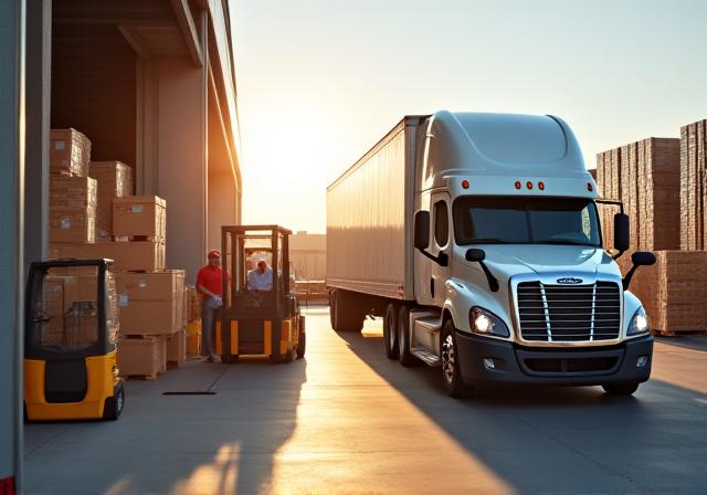 Graphic showing multiple freight shipments being consolidated into one Mandujano Transportation truck